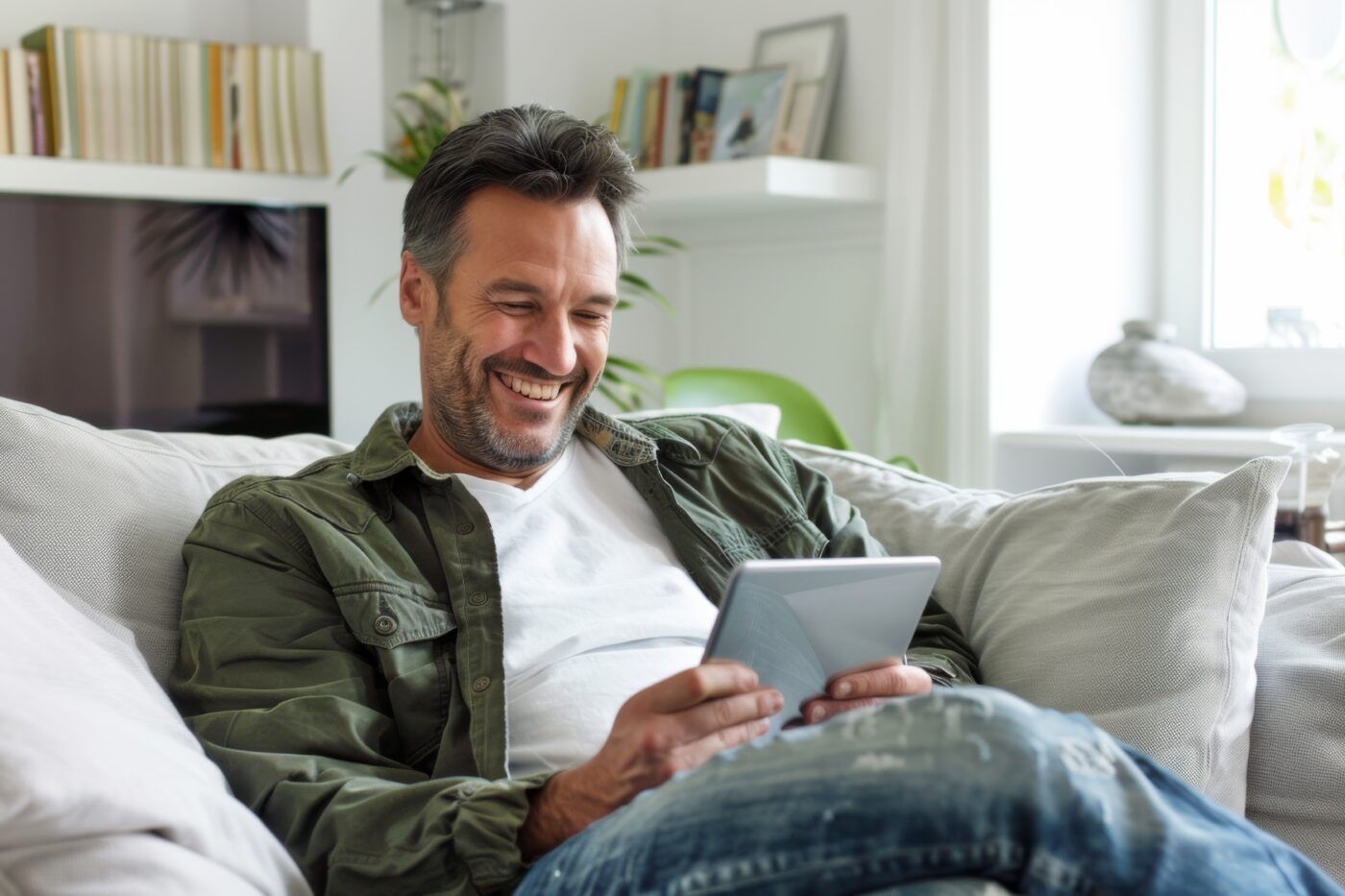 Smiling man sitting on sofa looking at tablet about lasik