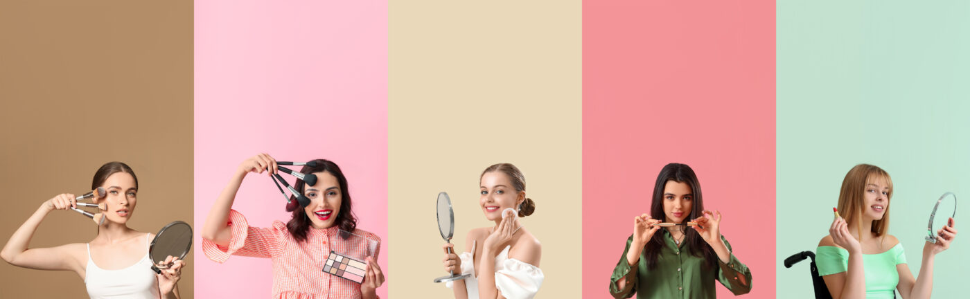 Collage de mujeres jóvenes con cosméticos de maquillaje sobre fondo de color