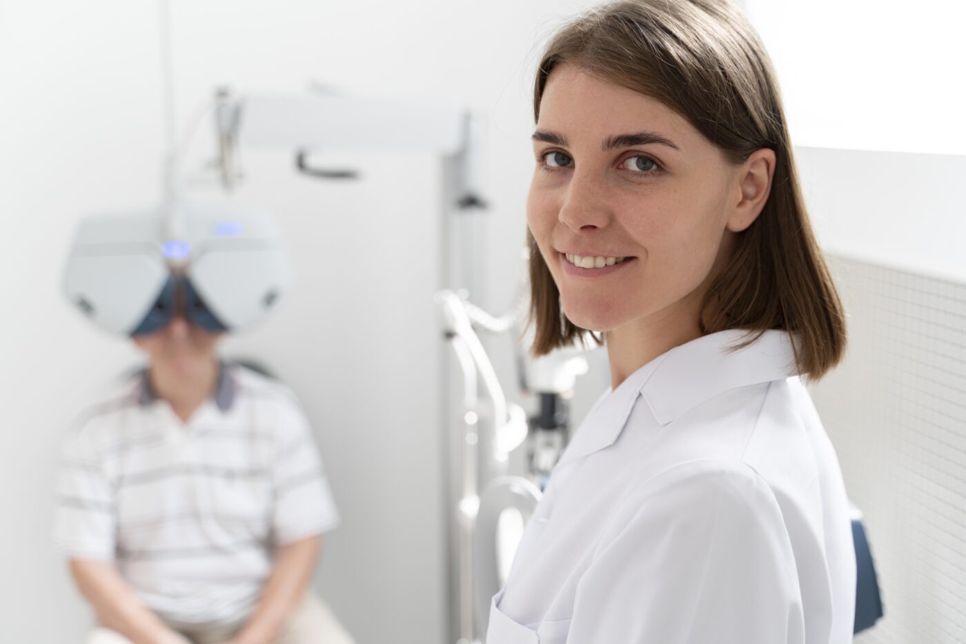 Eye doctor performing LASIK exam for a patient